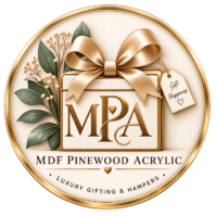 MDF Pinewood Acrylic logo for luxury customised gifting and premium hamper boxes